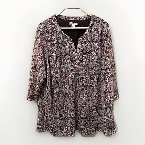 Croft & Barrow 1X Tunic Top Paisley Print 3/4 Sleeve V Neck Blouse - Picture 1 of 12